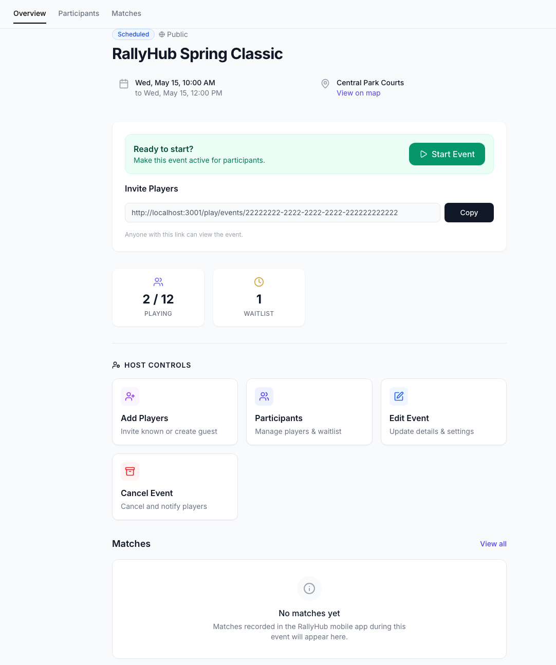 RallyHub event detail screen