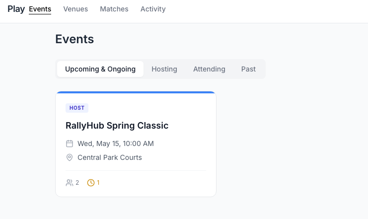 RallyHub event list screen